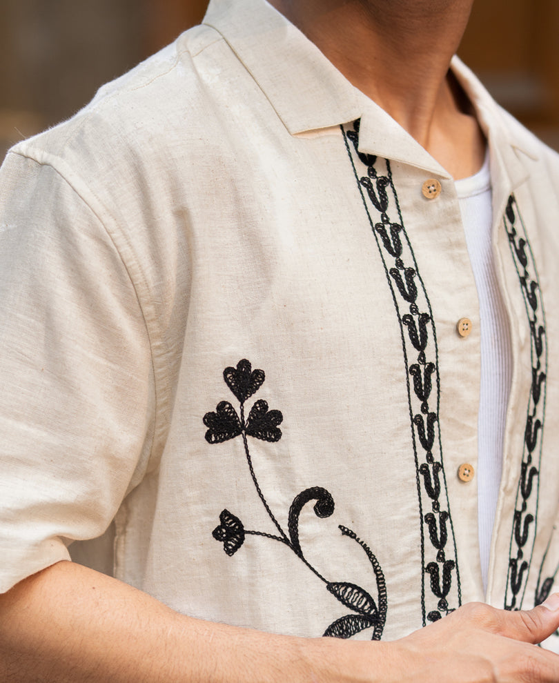 Natural Embroidery Linen Shirt 100% Cotton