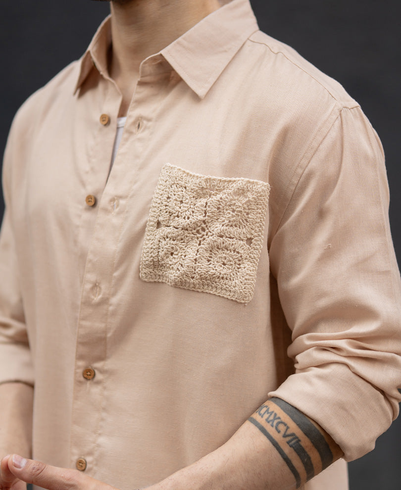 Beige Linen Crochet Patch Shirt