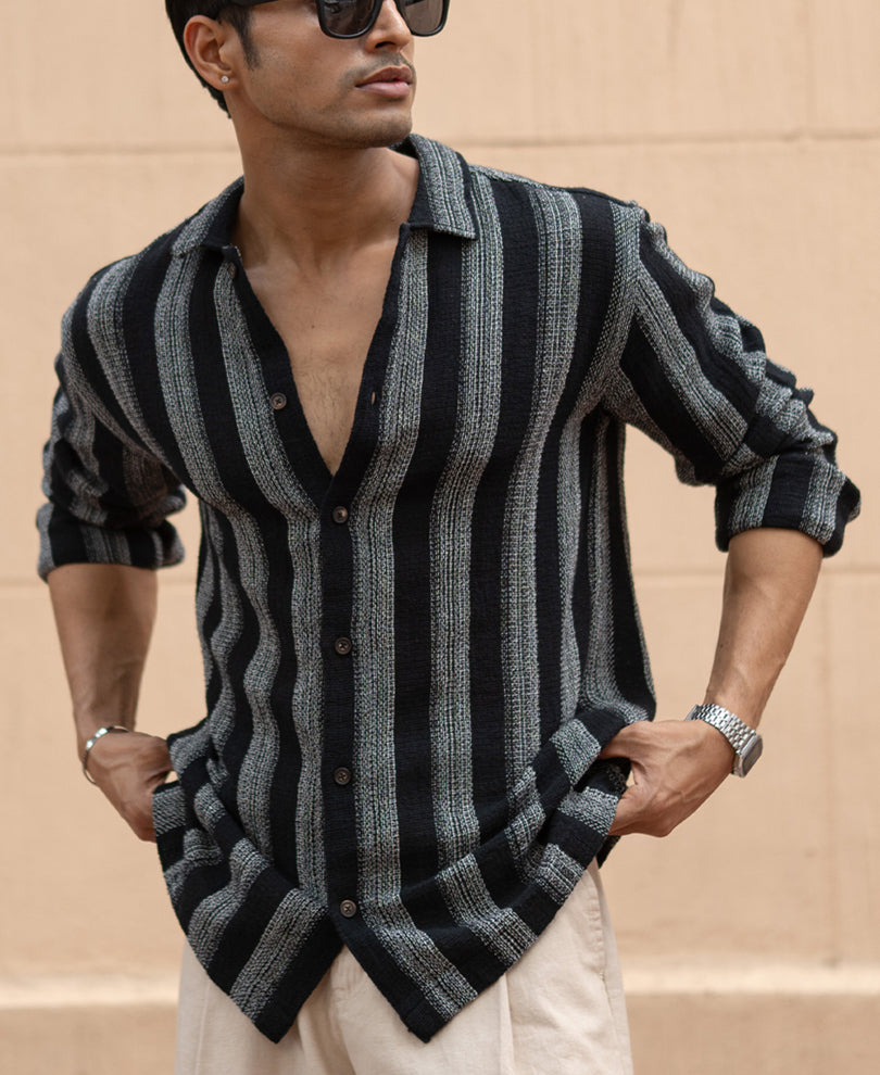 Black Structured Striped Shirt 100% Cotton