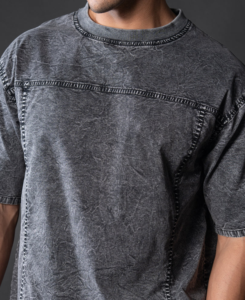 Grey Washed Panelled T-Shirt 100% Cotton