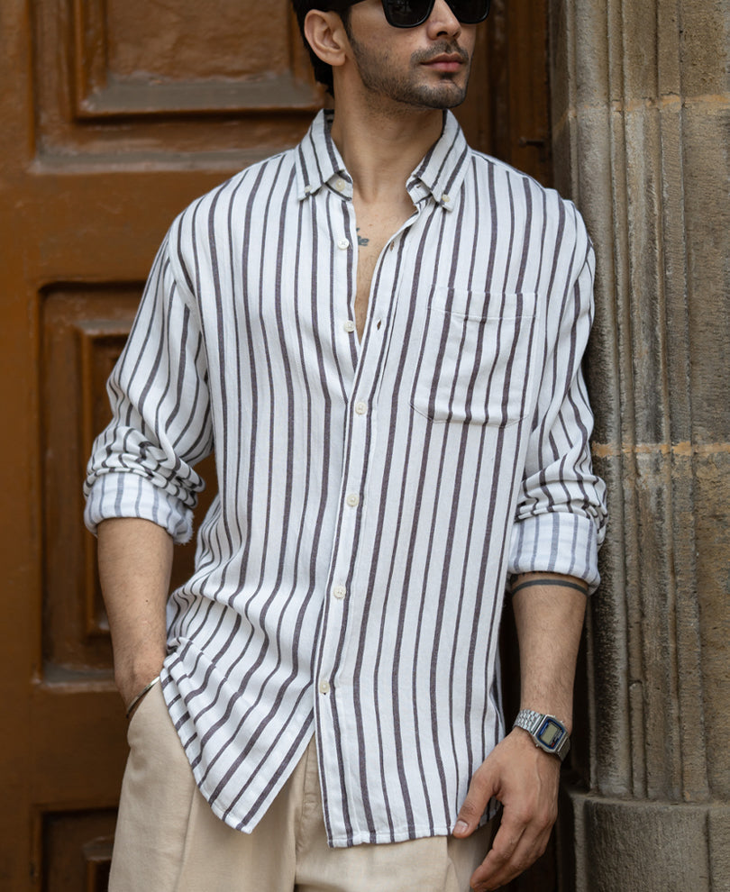 White Linen Blend Stripe Shirt