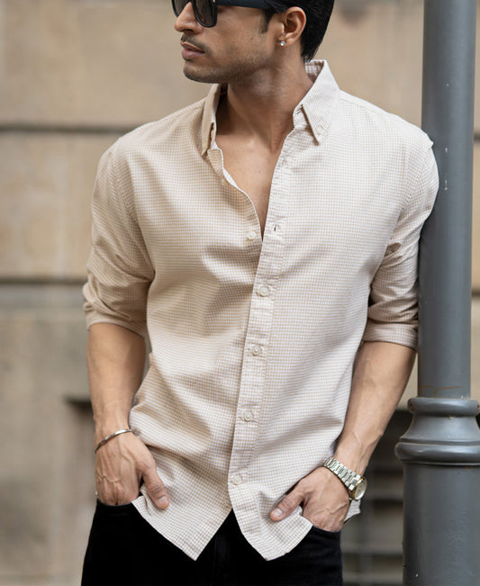 Beige Microchecks Oxford Shirt 100% Cotton