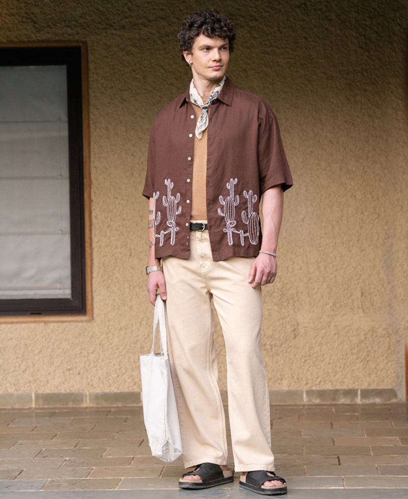 Brown Linen Blend Embroidery Shirt