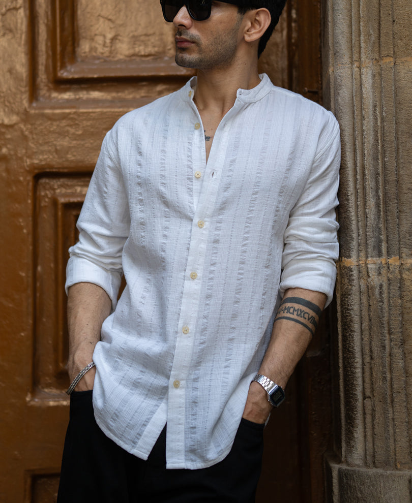White Chinese Collar Structure Shirt