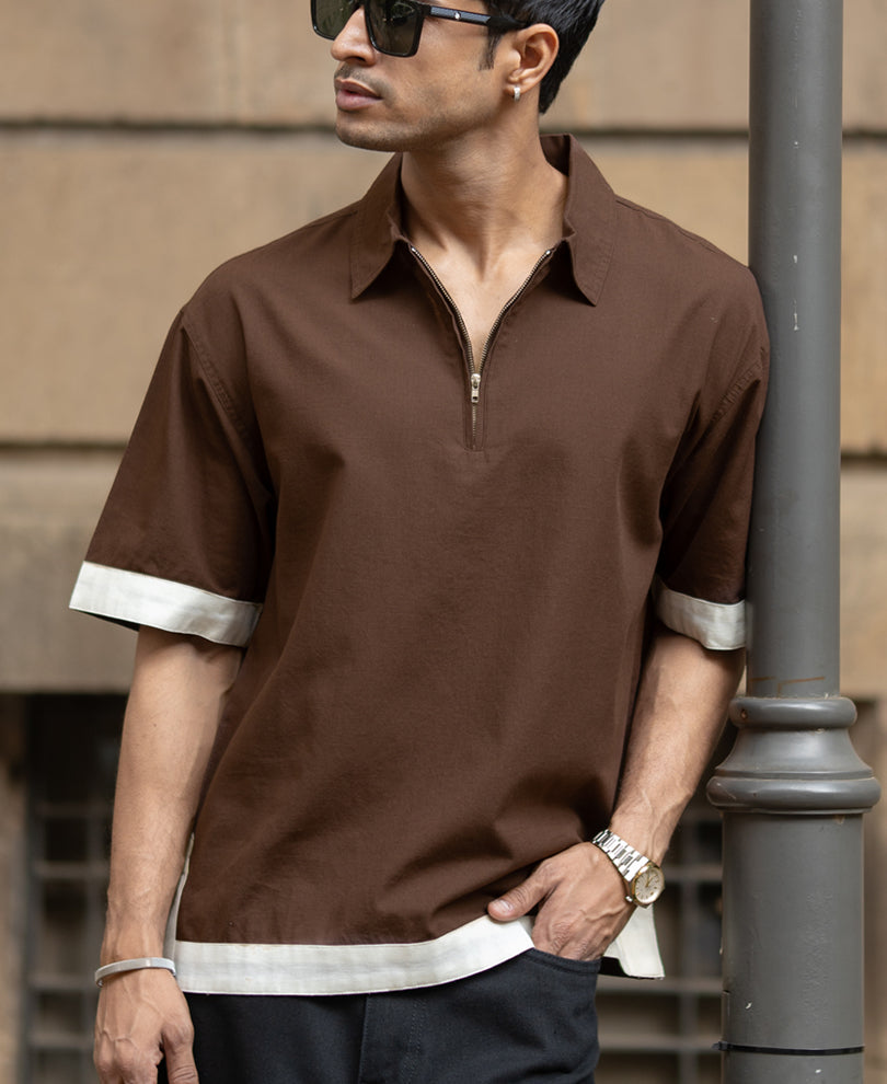 Dark Brown Boxy Fit Zipper Shirt 100% Cotton