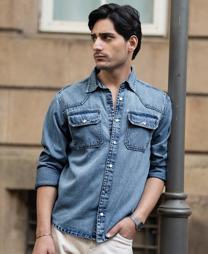 Mid Blue Denim Overshirt 100% Cotton
