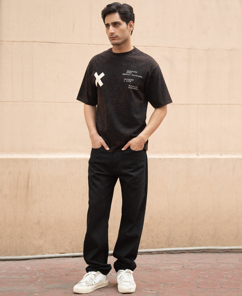 Dark Brown Washed Printed Oversized T-Shirt 100% Cotton