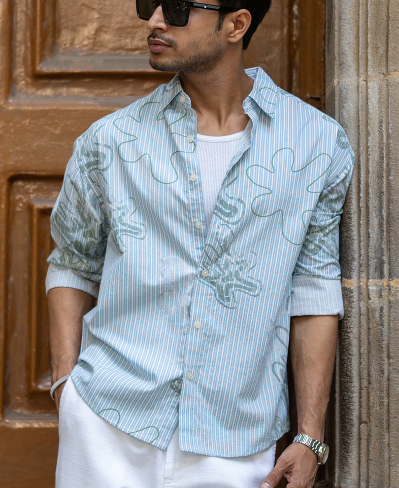 Blue Stripe Abstract Print Shirt 100% Cotton