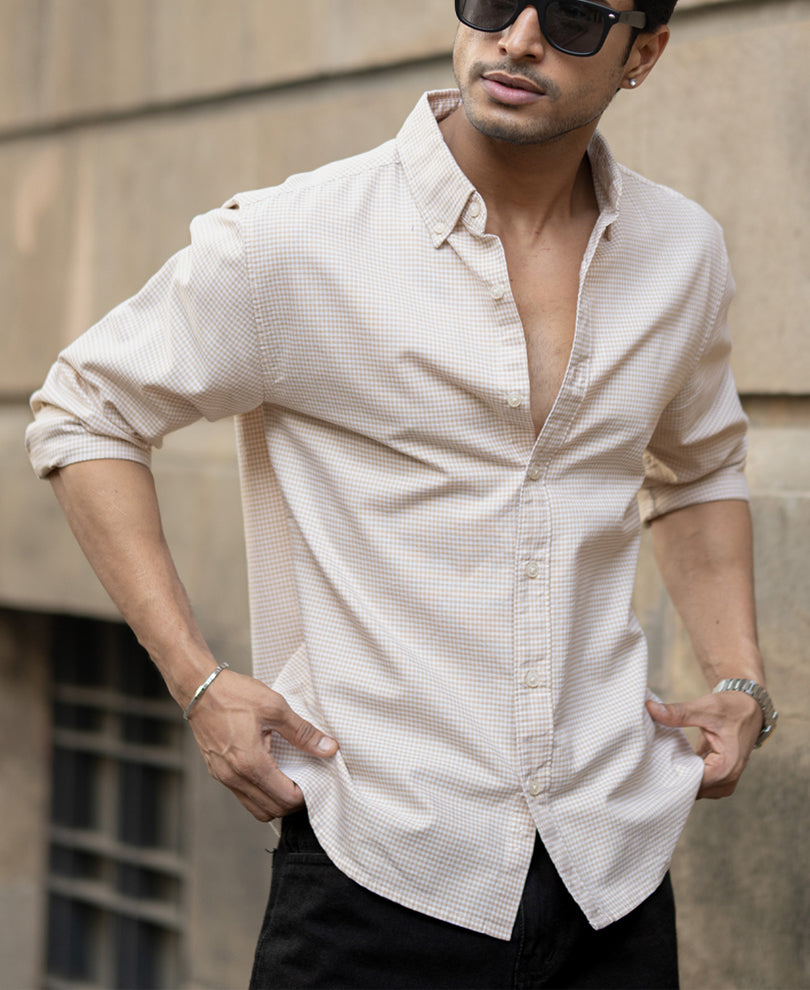 Beige Microchecks Oxford Shirt 100% Cotton