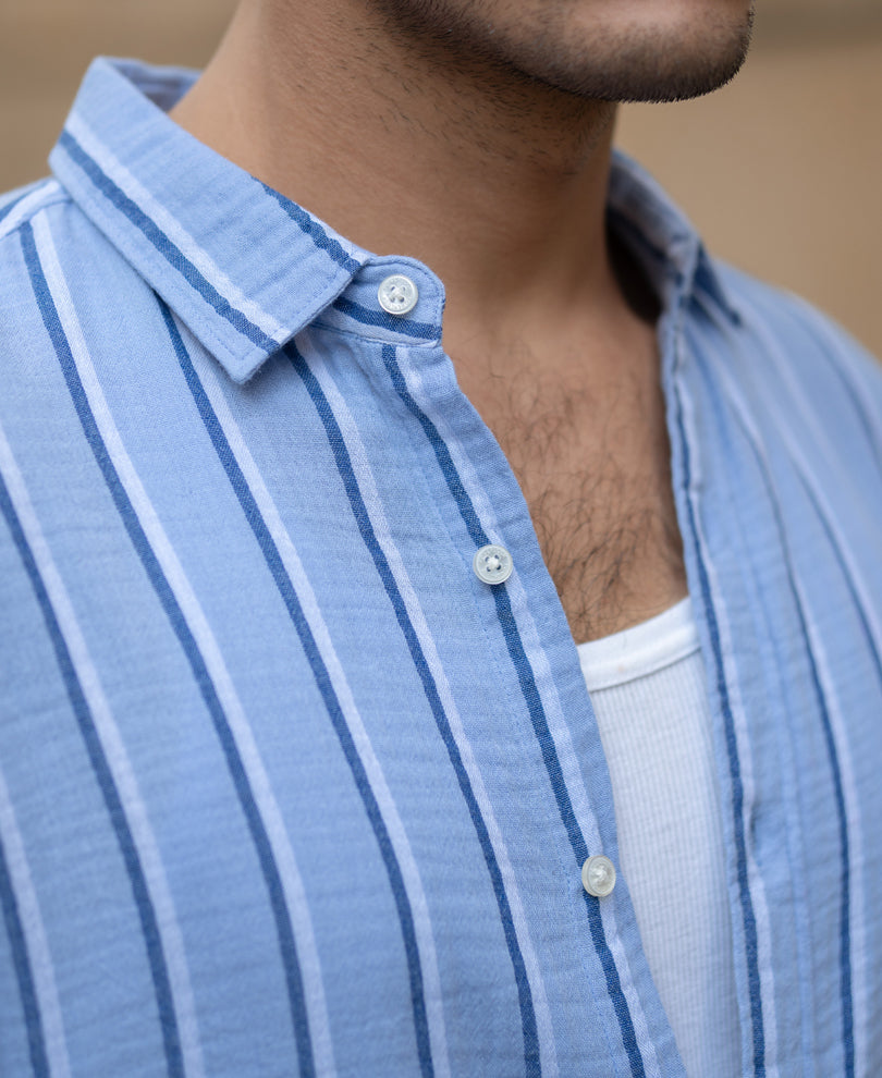 Blue Double Cloth Striped Shirt 100% Cotton