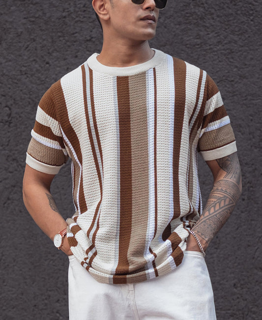 Multicolor Regular Fit Striped Half Sleeves T Shirt 100% Cotton