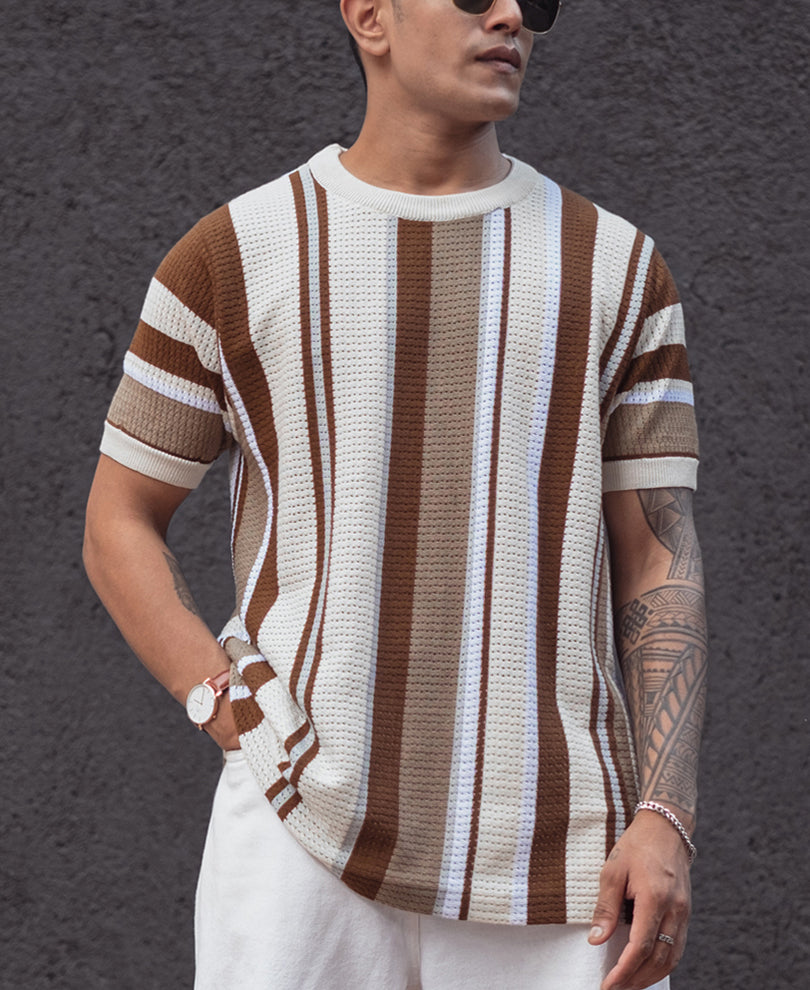 Multicolor Regular Fit Striped Half Sleeves T Shirt 100% Cotton