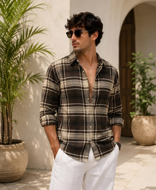 Brown & Off-White Structured Checks Shirt 100% Cotton